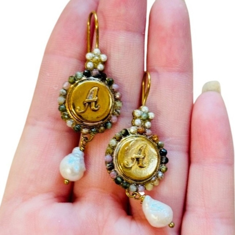VTG regency Style Initial A Earrings baroque pearl tourmaline dangle beaded gold